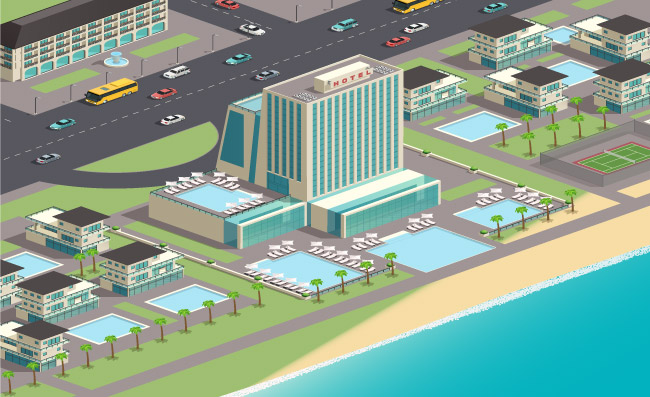 沿海地区城市景观豪华酒店旅馆大厦在立体建筑城市景观插图