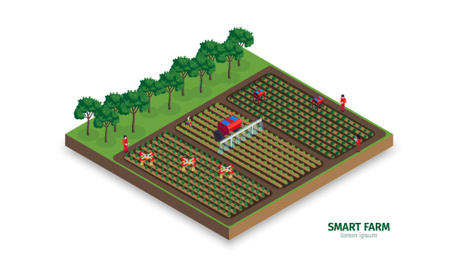 智能科技农场浇水施肥自动无人机拖拉机种植园景观矢量图插图