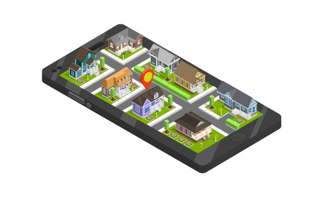 智能手机屏幕城镇建筑平房住宅房屋位置标志矢量图插图
