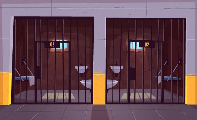 动画牢房拘留室室内场景矢量插图