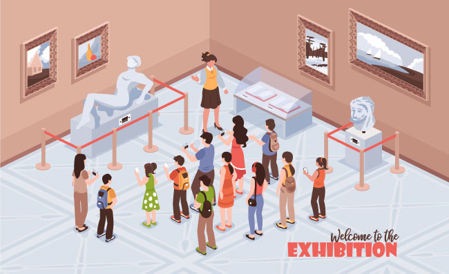 博物馆游览餐馆人群历史博物馆室内景观与人矢量图插图