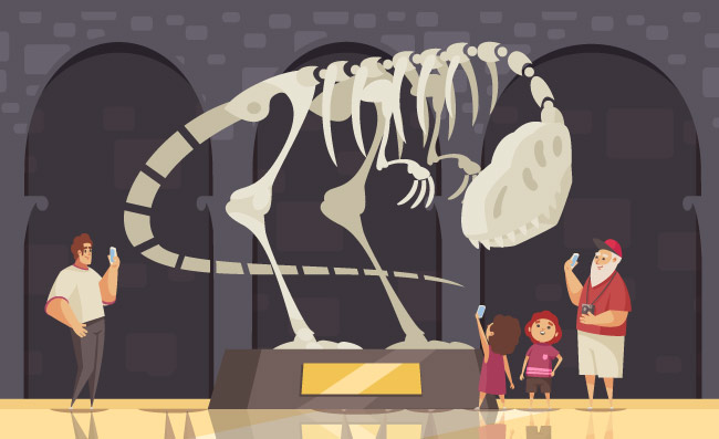 游览恐龙骨架全景展览室室内风光访客矢量场景插图插图